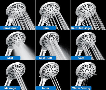2 in 1 Shower Head with Handheld Combo High Pressure Silver 2.5 GPM | 7.2" Rain Showerhead and 9 Spray Hand Held Shower, Adjustable Shower Angle, 59-inch Rotatable Stainless Steel Hose