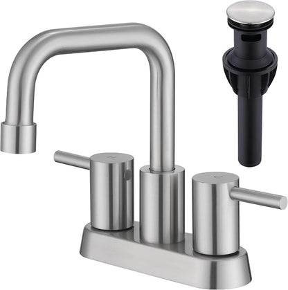 Brushed Nickel Bathroom Sink Faucet 2 Handle, 2 or 3 Hole 4 Inch Centerset Stainless Steel Bathroom Faucets with Pop up Drain, Vanity Faucet for Bathroom, Restroom, Rv, AML-21751-BN