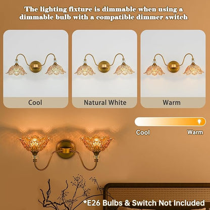 Vintage Bathroom Vanity Light, 2-Light Matte Brass Finish Vanity Light with Floral Amber Glass Shades, Retro Wall Sconce for Bathroom, Dressing Table