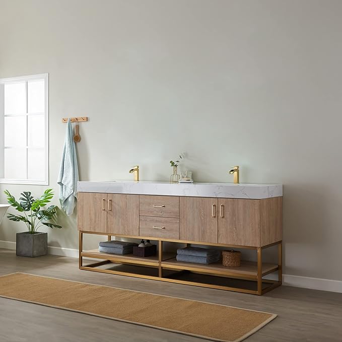 Vinnova Alistair 72" Double Sink Bathroom Vanity in North American Oak, Pre-assembled, with White Grain Stone Countertop Without Mirror