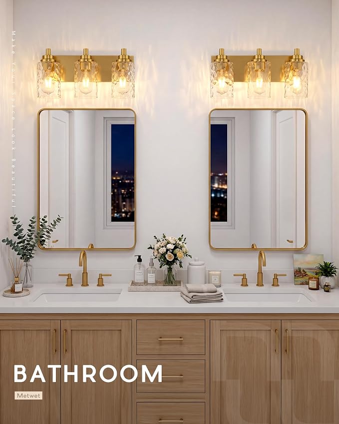 3-Light Brushed Gold Bathroom Vanity Light, Hammered Cylinder Glass | Ideal for 20-28" mirrors, 16.5" modern bathroom light fixtures over mirror, E26 base, bulbs not included, VL198-BG-3