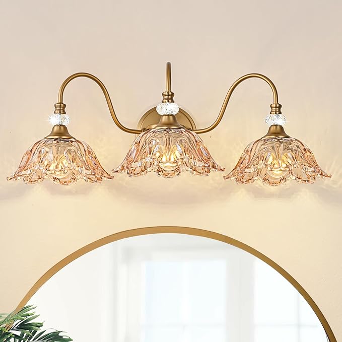 Vintage Bathroom Vanity Light, 3-Light Matte Deep Brass Finish Vanity Light with Flower-Shaped Amber Glass Shades, Retro Wall Sconce for Bathroom