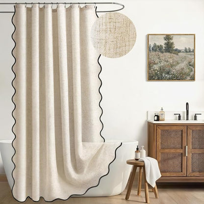 Scalloped Shower Curtain Linen Boho Beige 72" W x 84" L | Linen Fabric, Black Border, Washable, Heavy Duty Cloth, Shower Curtain for Boho Farmhouse Bathroom Bathtub