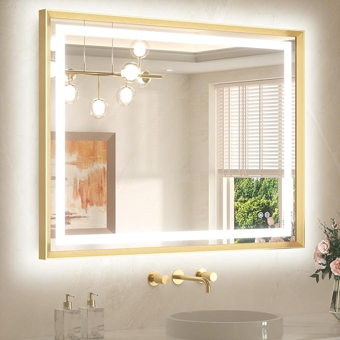40 x 32 Led Mirror Brushed Gold Metal Frame Frontlit & Backlit Vanity Mirror Anti-Fog Stepless Dimmable 3 Colors White/Warm/Natural Wall Mirror with Lights Wall-Mounted