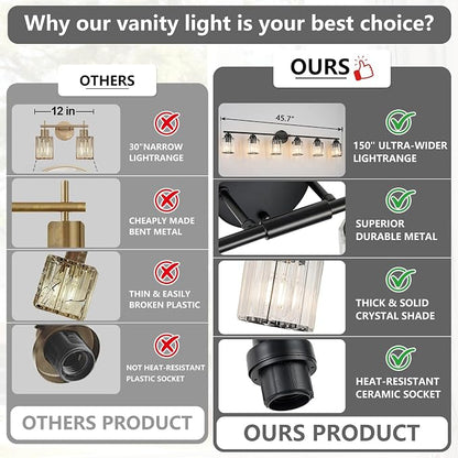 Modern 6-Light Black Vanity Light, 45.7" Crystal Bathroom Light Fixture, Vanity Lights with Clear Crystal Shades, E26 Base Wall Sconces Over Mirror for Bathroom Powder Room