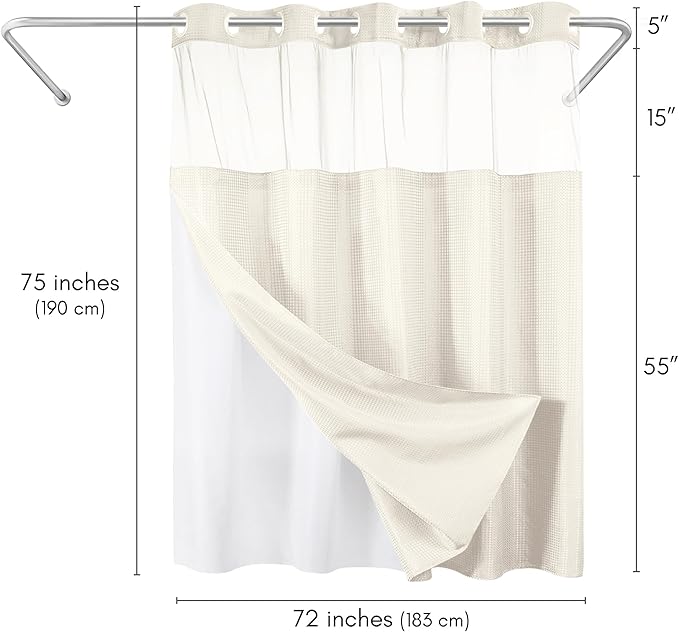 Americanflat 72x75 Hookless Waffle Pattern Shower Curtain - Water-Resistant Long Shower Curtain with Sheer Panel, Snap-in Liner, and Durable Grommets - 100% Polyester - Ivory