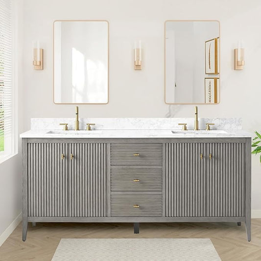 HOMEBEYOND 72" Bathroom Vanity with Double Sink, Solid Wood Bathroom Vanity Free-Standing Cabinet, Ceramic Top & Soft Closing Door, Golden Brushed Handware, Driftwood Gray