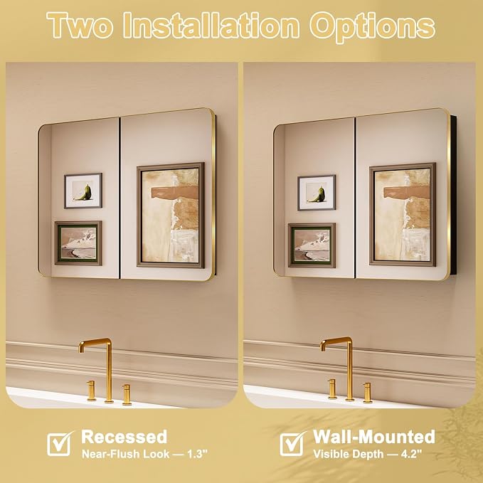 32x24 in Brushed Gold Double Door Medicine Cabinet with Mirror | Fully Assembled; Recessed or Surface Wall Mount; Metal Cabinet with Tempered Glass Mirror and Two Adjustable Glass Shelves