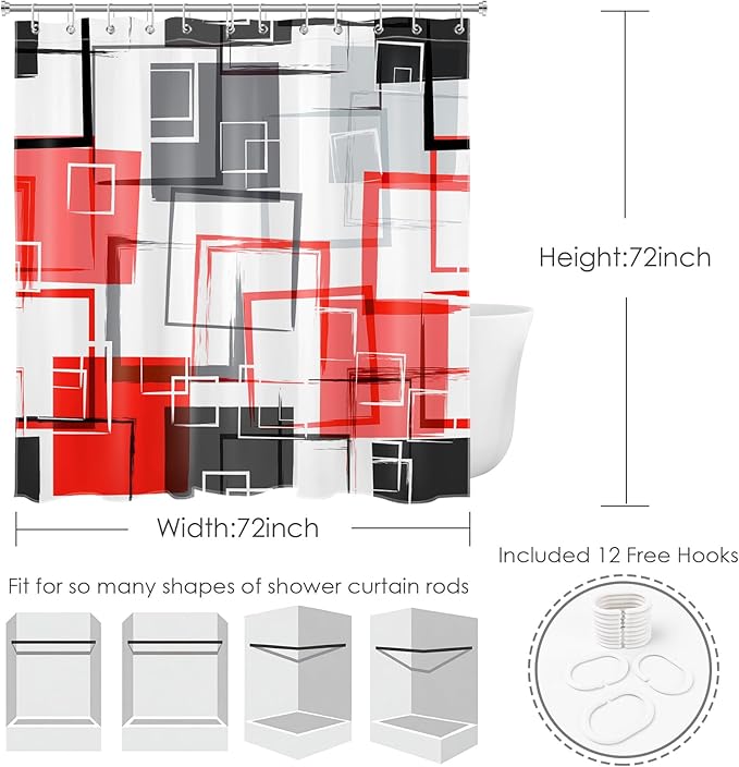 Red Geometric Modern Shower Curtain for Bathroom Decor,Grey Black and White Abstract Striped Shower Curtain with Hooks Mid Century Minimalist Bathroom Shower Curtain Set,72L X 72W inches