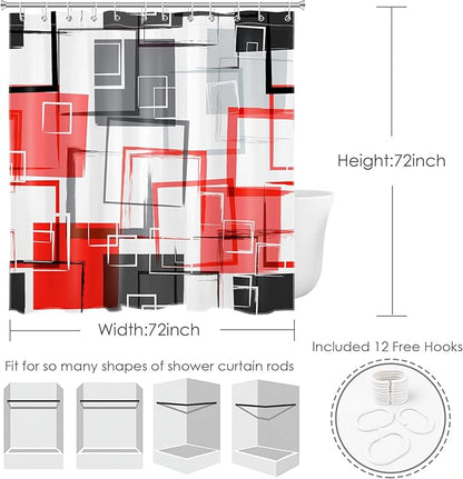 Red Geometric Modern Shower Curtain for Bathroom Decor,Grey Black and White Abstract Striped Shower Curtain with Hooks Mid Century Minimalist Bathroom Shower Curtain Set,72L X 72W inches