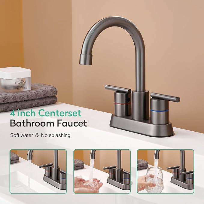 Faustina Gery Bathroom Faucet, 4 Inch Centerset Faucet for Sink 2 Holes 3 Holes，Two Handles 304 Stainless Steel with Pup up Drain Assembly and 2 Water Supply Lines for RV Vanity
