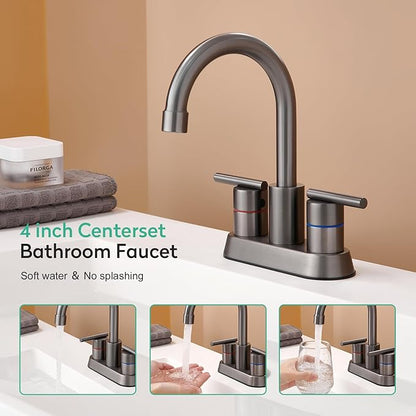 Faustina Gery Bathroom Faucet, 4 Inch Centerset Faucet for Sink 2 Holes 3 Holes，Two Handles 304 Stainless Steel with Pup up Drain Assembly and 2 Water Supply Lines for RV Vanity