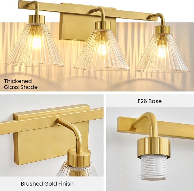 AIJIASI Modern Bathroom Vanity Light 3-Light Brushed Gold Bathroom Light Fixtures with Ribbed Glass Shade 24 Inch Up/Down Mount Vanity Lighting Fixtures Over Mirror for Bath Bedroom Makeup