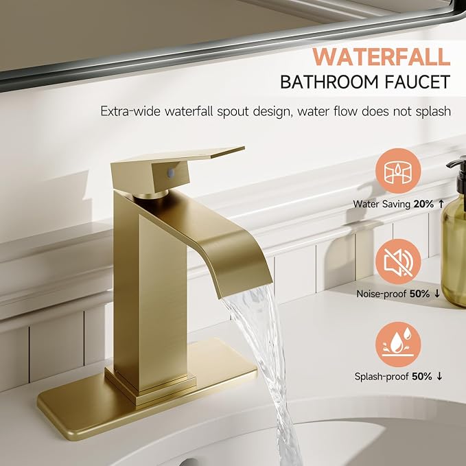 Brushed Gold Bathroom Faucets Evolvegoods Modern Waterfall Bathroom Faucet | Single Handle 1 or 3 Hole Bathroom Sink Faucet RV Mixer Tap Vanity Faucet with Deck Plate Pop-up Drain and Supply Lines