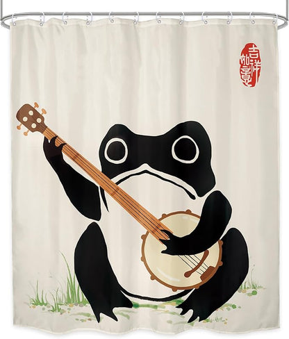 LGhtyro Funny Frog Shower Curtain Bathroom Set 60Wx71H Inches Japanese Asian Style Cute Animal Playing Banjo Vintage Traditional Art Retro Bath Accessories Beige Art Home Decor Fabric 12 Pack Hooks