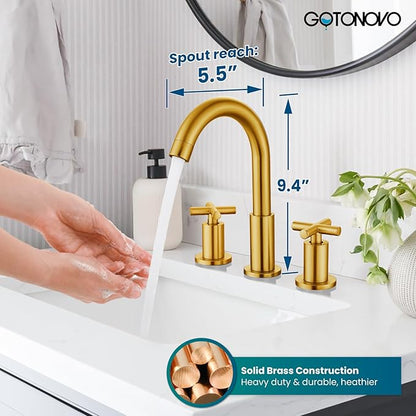 gotonovo 3 Hole Bathroom Faucet 8 inch Widespread Sink Vanity Faucet for Bathroom Sink 2 Cross Handle Deck Mount Basin with Pop Up Drain 360° Swivel Spout Dark Gold