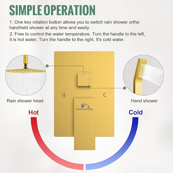 SunCleanse Rainfall Shower System Brushed Gold Ceiling Mounted Shower System Combo Set with High Pressure 12 Inches Square Rain Shower Head Handheld and Shower Faucet Rough-in Mixer Valve and Trim