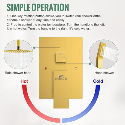 SunCleanse Rainfall Shower System Brushed Gold Ceiling Mounted Shower System Combo Set with High Pressure 12 Inches Square Rain Shower Head Handheld and Shower Faucet Rough-in Mixer Valve and Trim