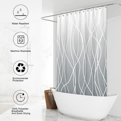 Striped Shower Curtain for Bathroom, Ombre Grey, 72" W x 72" L | with Hooks, Modern Hotel Style, Water Repellent, Washable, Weighted Hem