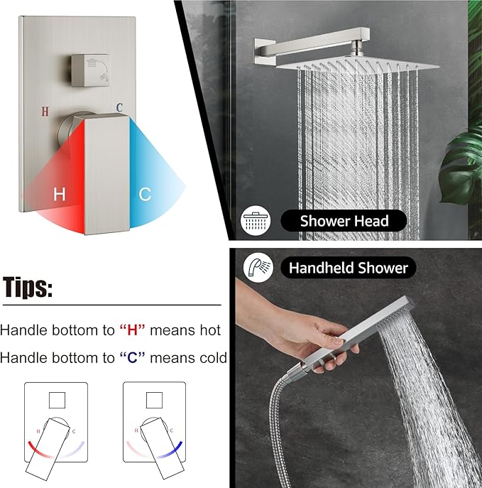 Midanya Shower Faucet Set,Wall Mount Shower System with Square Rain Shower Head and Hand Sprayer, Rough-in Valve Body and Trim Kit Included,12 Inch,Brushed Nickel