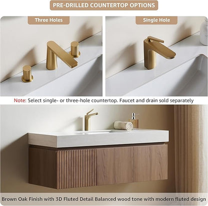 48” Floating Bathroom Vanity with Sink, Wall-Mounted Cabinet with Drawer & Doors, Roma Travertine-Pattern Countertop, Undermount Basin, Single Faucet Hole, Soft-Close, Pre-Assembled, Brown Oak
