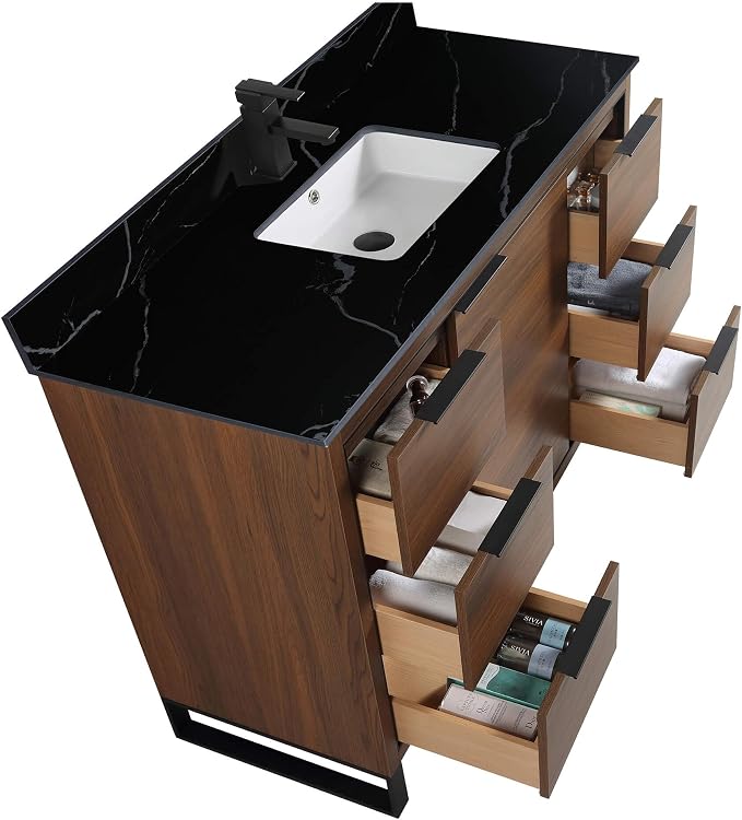 Opulence Collection 48 in. W x 20 in. D x 33 in. H Bathroom Vanity in Walnut Ebony with Black Marble Sintered Stone Sink - Black Hardware