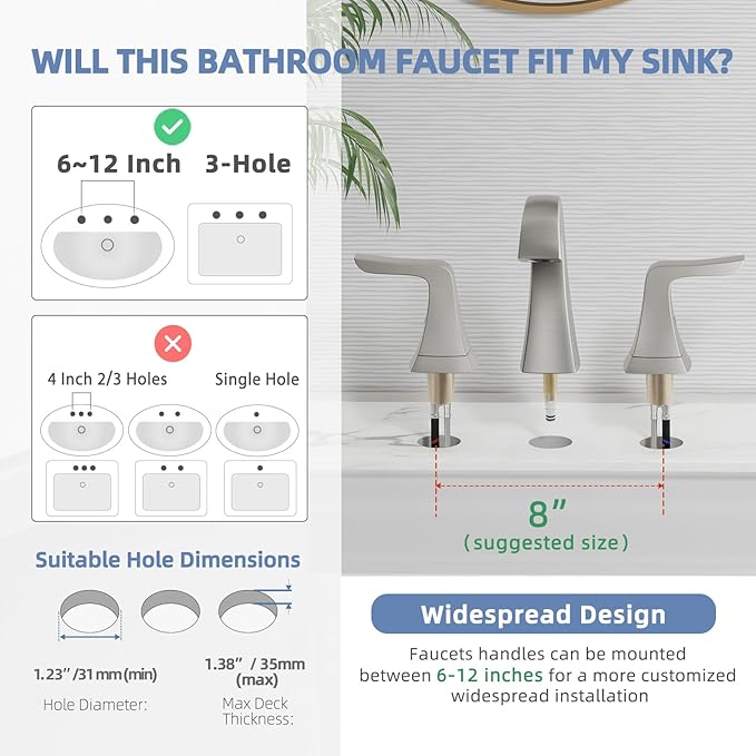 VXV Brushed Nickel Bathroom Faucet Widespread 8 Inch, 3 Hole Vanity Sink Faucet with Pop-Up Drain & Pre-Attached Supply Lines for Easy DIY Installation, Faucet for Bathroom Sink, RV