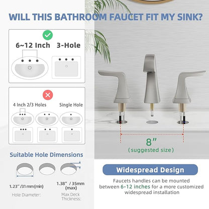 VXV Brushed Nickel Bathroom Faucet Widespread 8 Inch, 3 Hole Vanity Sink Faucet with Pop-Up Drain & Pre-Attached Supply Lines for Easy DIY Installation, Faucet for Bathroom Sink, RV