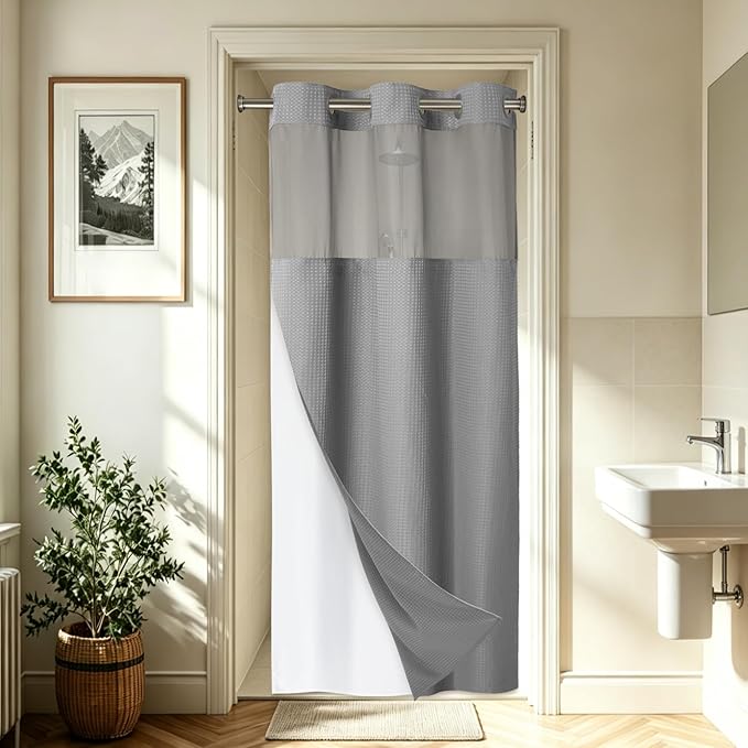 EUTXL Heavyweight No Hook Shower Curtain with Liner, Grey, 48x74 | Snap in Liner, Thick Waffle Fabric, Hotel Quality, Corner Magnets, Waterproof & Washable