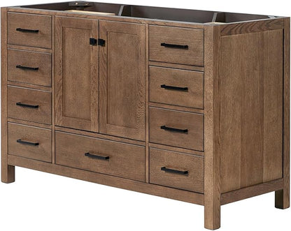 ARIEL Cambridge 54-inch Bathroom Vanity Base Cabinet,Solid Wood, 2 Soft Closing Doors, 9 Dovetail Drawers, Brown Oak