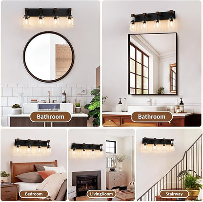 Farmhouse Bathroom Vanity Light, 4 Light Black Bathroom Vanity Light Fixtures Over Mirror, Rustic Wall Lighting with Clear Glass Shades for Living Room, Bedroom, Hallway