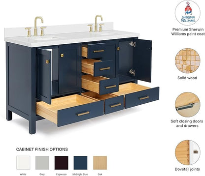DKB Beckford 60-Inch Midnight Blue Double Bathroom Vanity, 1.5-Inch Edge Pure White Quartz Countertop & Splash, Rectangular Sinks, 4 Soft Closing Doors, 6 Full-Extension Dovetail Drawers, Satin Brass