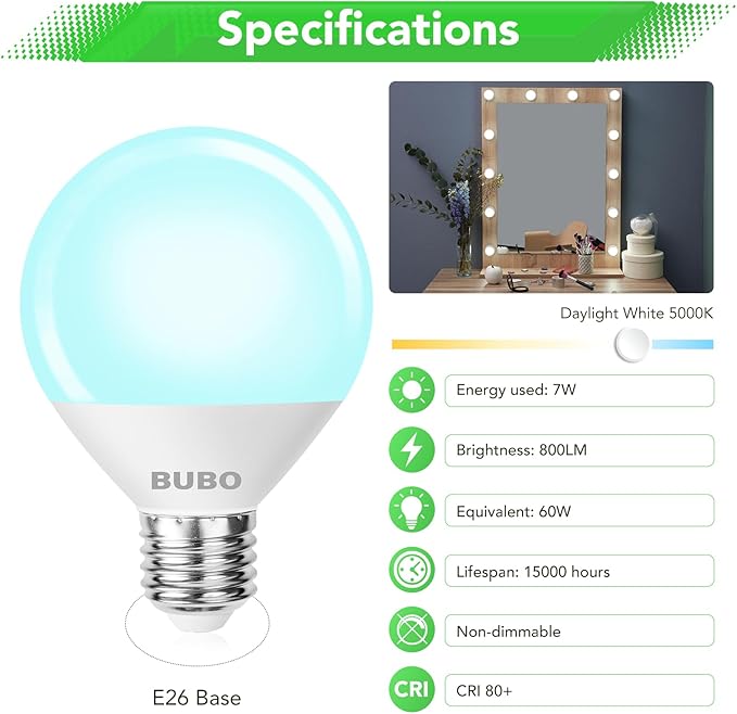 BUBO Vanity Light Bulbs 60 Watt Equivalent, Bathroom Light Bulbs Daylight White 5000K, Round Light Bulb, G25 LED Bulbs 800 Lumens, E26 Medium Base, 7W, Non-Dimmable, 6 Pack