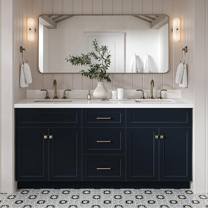 DKB Bradford 72 Inch Bathroom Vanity Double Sink — Midnight Blue Bathroom Vanity with Sink, 1.5" Edge Pure White Quartz Countertop & Backsplash, 4 Soft-Close Doors, and 3 Dovetail Drawers