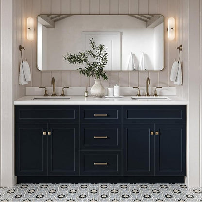 DKB Bradford 72 Inch Bathroom Vanity Double Sink — Midnight Blue Bathroom Vanity with Sink, 1.5" Edge Pure White Quartz Countertop & Backsplash, 4 Soft-Close Doors, and 3 Dovetail Drawers