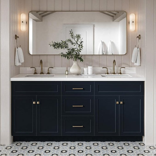 DKB Bradford 72 Inch Bathroom Vanity Double Sink — Midnight Blue Bathroom Vanity with Sink, 1.5" Edge Pure White Quartz Countertop & Backsplash, 4 Soft-Close Doors, and 3 Dovetail Drawers
