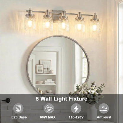 5 Light Bathroom Vanity Light Fixtures Modern Brushed Nickel | ETL Certificate, Easy to Install,Wall Mount Up or Down,Hammered Glass Lampshade,E26 Socket,Hardwired,120V