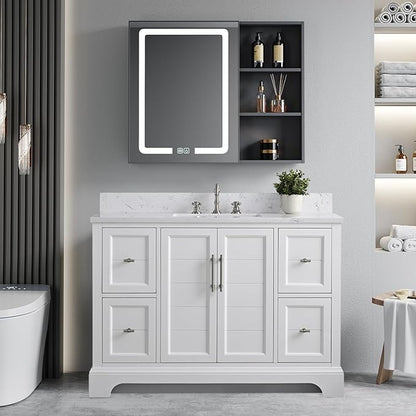 Vanity Art 48 Inch Single Bathroom Vanity With Ceramic Sink and Engineered Marble Top | Undermount Rectangular Cabinet, Soft Closing Doors, Dovetailed Drawers, No Mirror VA5048-W