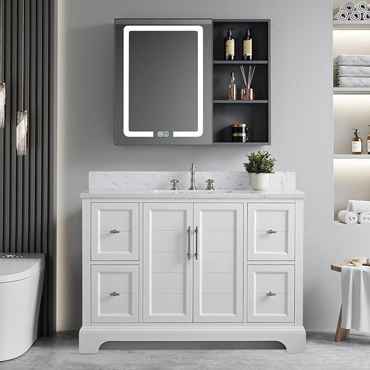Vanity Art 48 Inch Single Bathroom Vanity With Ceramic Sink and Engineered Marble Top | Undermount Rectangular Cabinet, Soft Closing Doors, Dovetailed Drawers, No Mirror VA5048-W
