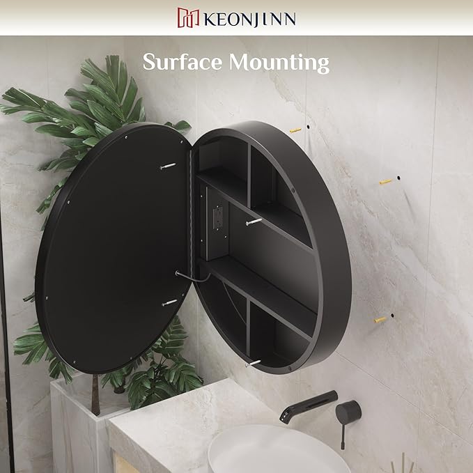 Keonjinn 26 Inch Round Medicine Cabinet with Lights, Black LED Bathroom Medicine Cabinet Mirror, Circle, Electrical Outlet, 3 Color Lights, Anti-Fog, Dimmable, Surface Mount Only