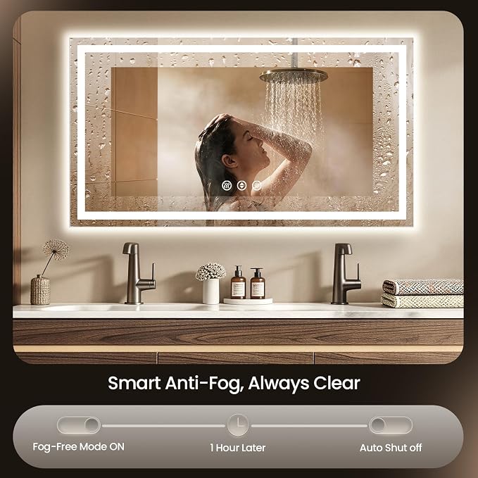 60x40 LED Bathroom Mirror with Anti-Fog, Backlit & Front Lit, Memory | Stepless Dimmable 3 Color CRI 95+ Shatterproof Tempered Glass ETL Listed for Safety Lighted Bathroom Vanity Mirror for Wall