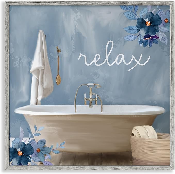 Blue Floral Bathroom Relax Scene, 17 x 17 Inch Framed Giclée Print | Stupell Industries · By Kim Allen · Ready to hang · Perfect for bath or laundry decor · Made in USA