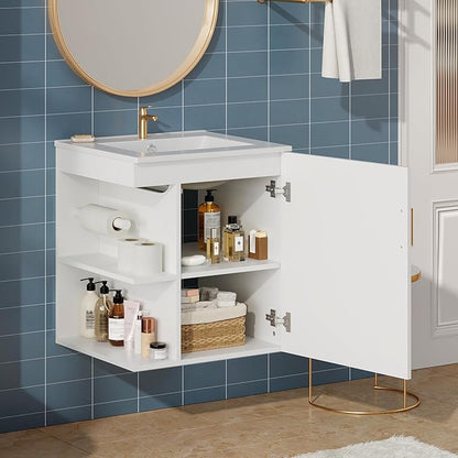 Merax Herringbone Single Sink Bathroom Vanity, Floating 20" Modern Bathroom Vanity Cabinet with Side Storage, Toilet Paper Holder, Solid Wood Cleat Wall Mount