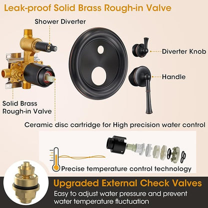 Antique Rain Shower Head with Handheld Spray, Oil Rubbed Bronze Rain Shower System with Rough-in Balance Pressure Valve, 9 inch Bathroom Luxury Rain Fall Shower Head Wall Mount Round, (B2312-ORB)