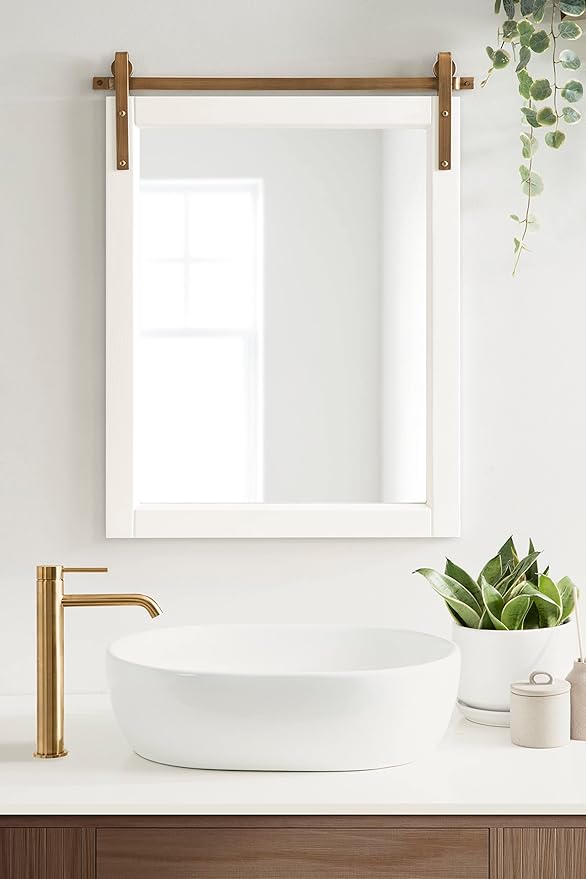 Kate and Laurel Skylan Modern Farmhouse Decorative Wood Framed Wall Mirror; 24 x 30; White and Antique Gold; Barn Door-Inspired Transitional Wall Hanging Mirror for Bathroom or Living Room Uses