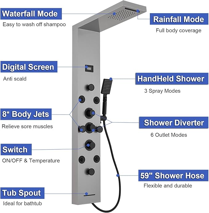 Shower Panel Rain Massage System with Adjustable Body Jets Mist Spray 6 in 1 Functions, Wall-Mount Shower Column Bathroom Shower Panel Tower System, Brushed Nickel and Black