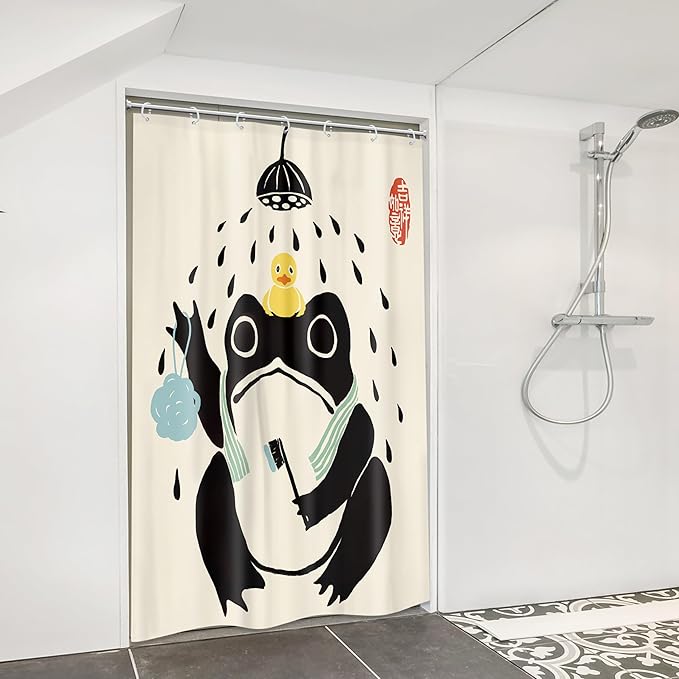 LGhtyro Funny Frog Retro Shower Curtain Bathroom Set 48Wx71H Inches Cute Asian StyleTraditional Japanese Animal Rubber Duck Children Kids Bath Accessories Frog Art Home Decor Fabric 8 Pack Hooks