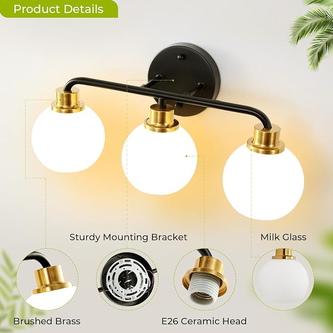 3 Light Bathroom Vanity Light, Black and Gold Bathroom Light Fixtures | with Milk Glass Shade Modern Wall Sconces Lighting Bath Wall Lights Lamp for Mirror Kitchen Living Room Bedroom Hallway