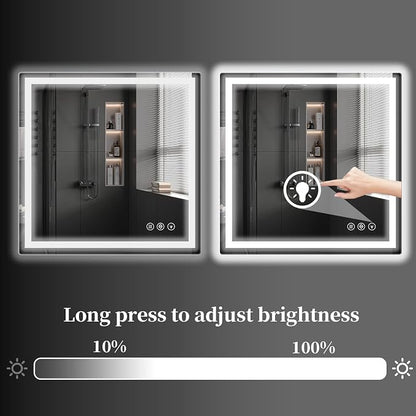 Koonmi 28x28 LED Bathroom Mirror with Light, Anti-Fog, 3 Colors | Backlit + Front Lit, Dimmable Brightness, Shatterproof HD Distortion-Free Tempered Glass, Hardware Included