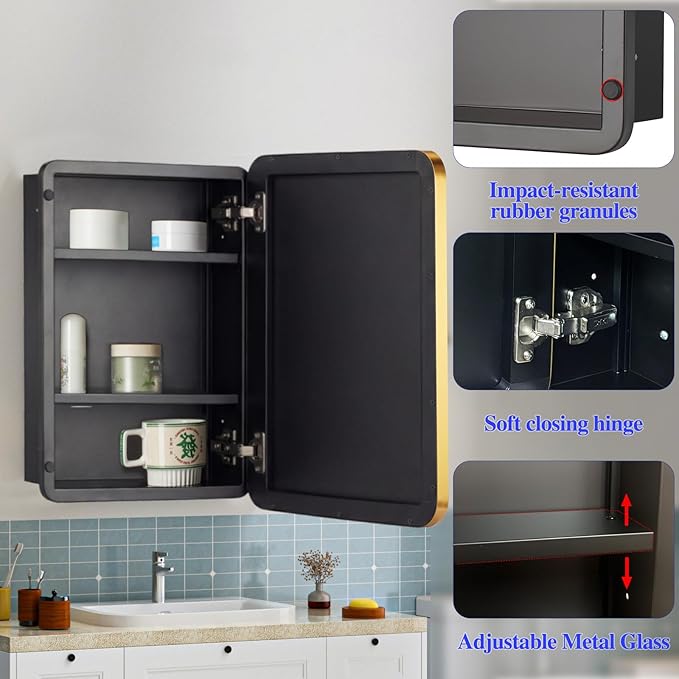 16" x 20" Bathroom Medicine Cabinet with Mirror Door, Brush Gold Stainless Steel Frame, Recessed or Surface Mounted,Storage Cabinet with Adjustable Metal Shelves,Upgraded Version